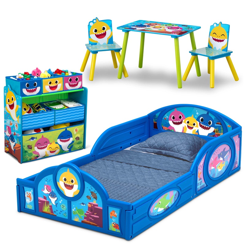 Baby Shark 5-Piece Toddler Bedroom Set – Includes Toddler Bed, Table with 2 Chairs and 6 Bin Design and Store Toy Organizer