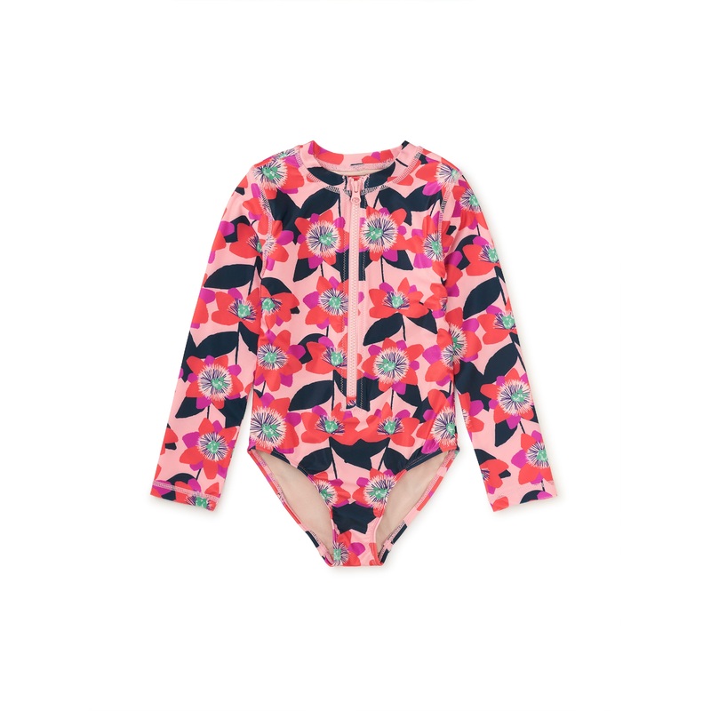 Tea Collection Long Sleeve One-Piece Swimsuit – Block Print Passion Flower