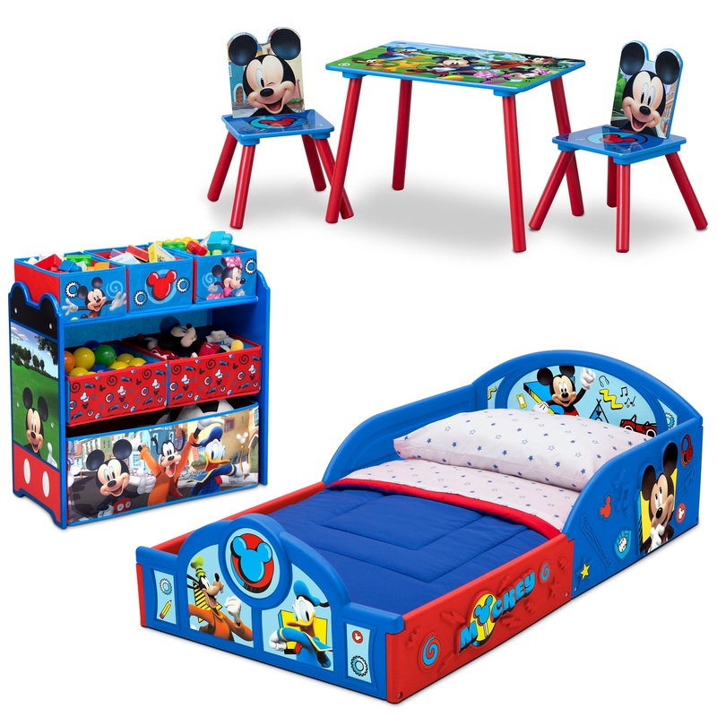 Disney Mickey Mouse 5-Piece Toddler Bedroom Set – Includes Toddler Sleep and Play Bed, Table with 2 Chairs and 6 Bin Design and Store Toy Organizer