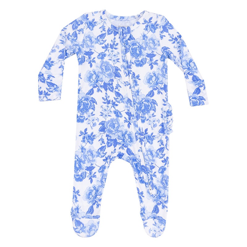 2 Way Zipper Ruffle Back Footie Roses in Blue